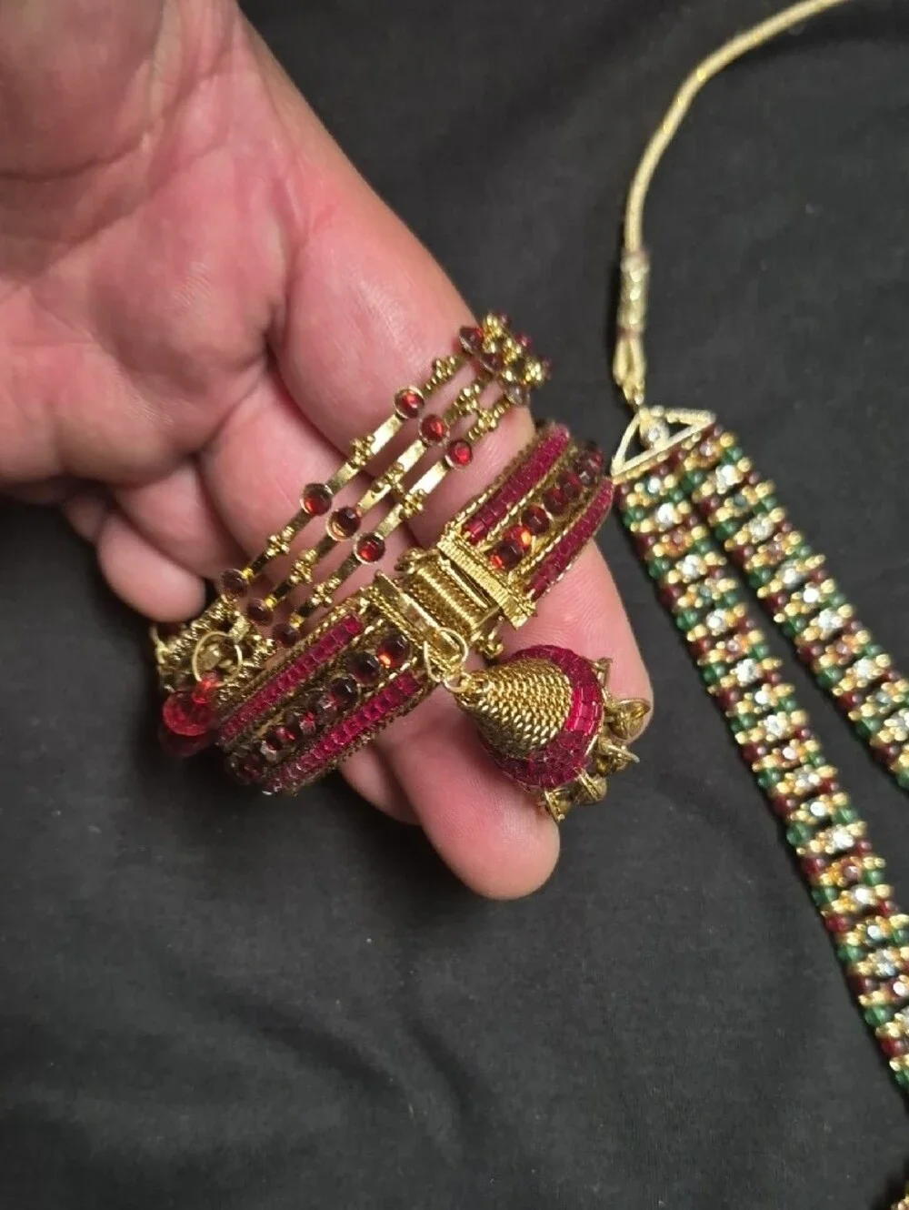 Gold-Tone Multicolor Kundan Necklace Set with Bangles - Pink & Green Accents